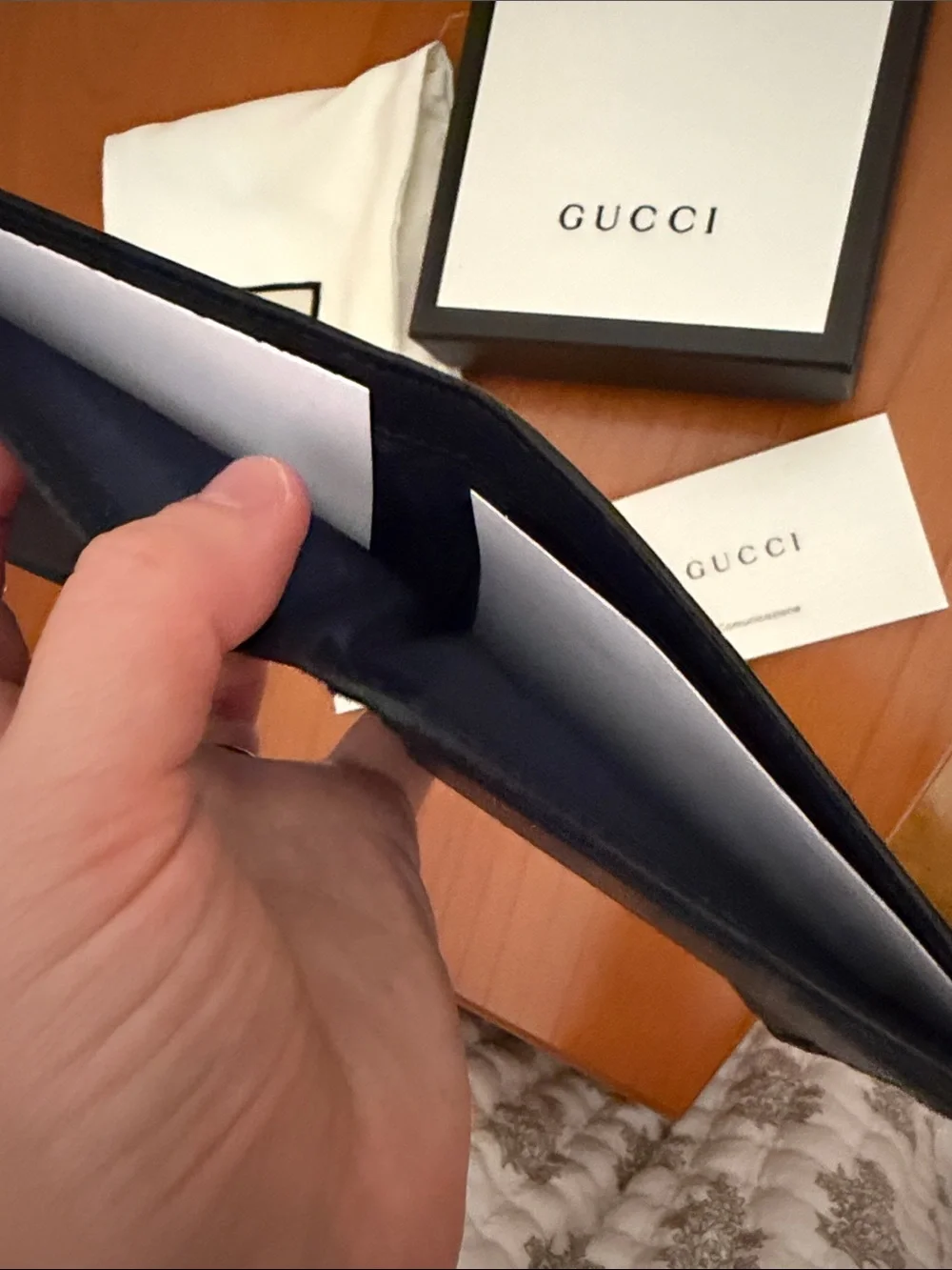 Gucci DARK BLUE Embossed Leather Bi-Fold Wallet with Logo Pattern